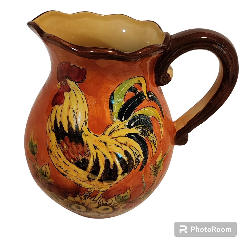 Pitcher Sunflower on one side Rooster on the other. Ceramic